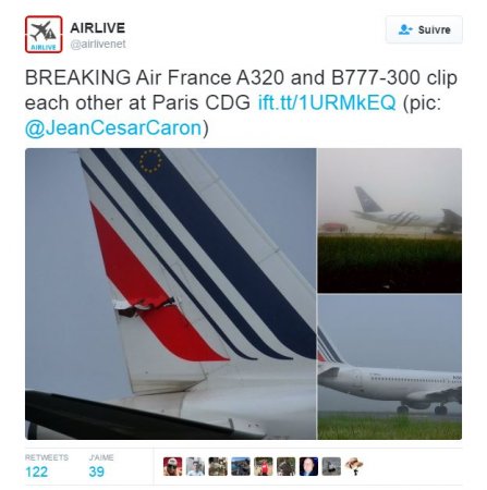  France-Tunisie. Un Airbus assurant un vol Paris Tunis accroche un autre appareil avant le décollage