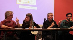 Les membres de l’OPP de Toulouse, Daniel Welzer-Lang, Marie Toustou, Pascal Gassiot et Benjamin Francos, lors de la présentation publique de leur rapport le 17 avril.