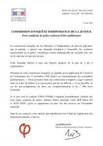 La lettre du député Bernacilis sur le refus des syndicats de police venir à la convocation de la commission d'enquête