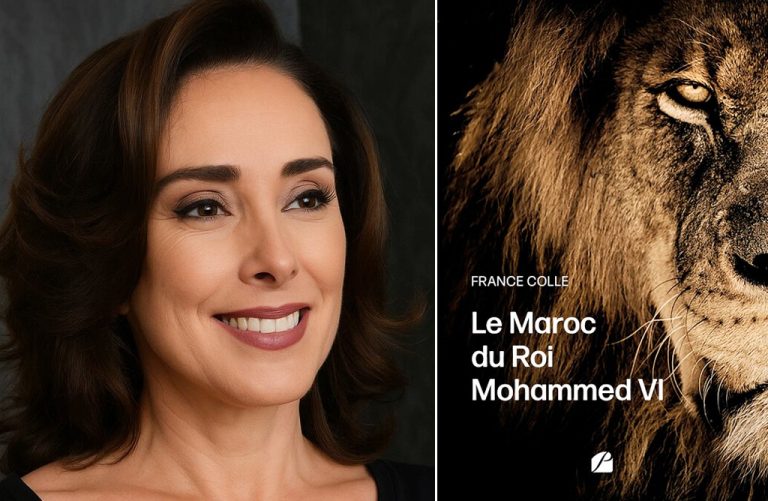 Portrait de France Colle accompagné de la couverture de son livre Le Maroc du Roi Mohammed VI.