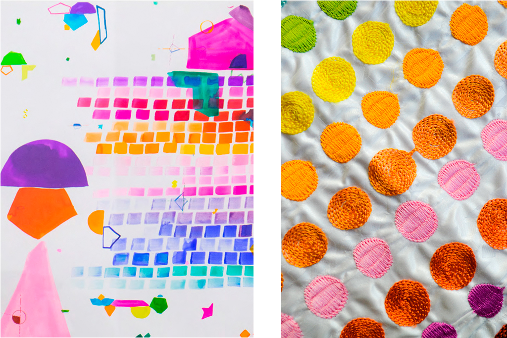 Gauche : Étude 2 (détail), encres sur papier, 108 × 79 cm, 2024 — Droite : La chambre aux confettis (détail), vingt-deux pièces de bazin brodées à la machine, formats variables, 2025 — Exposition Cosmogrammes de Sara Ouhaddou, Institut des Cultures d’Islam, Paris, 2025. Crédit photos : DR.