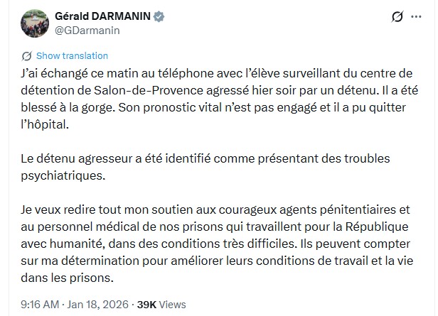 Post sur X de Gérald Darmanin, sur le centre de détention de Salon-de-Provence, le 18 janvier 2026