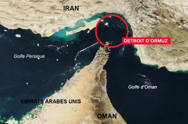 Carte du détroit d’Ormuz entre l’Iran et Oman, route stratégique du pétrole mondial.