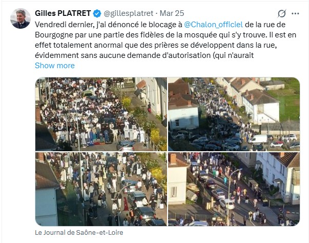 Tweet de Gilles Platret sur le débordement à la mosquée de Chalon-sur-Saône lors de l’Aïd-el-Fitr.