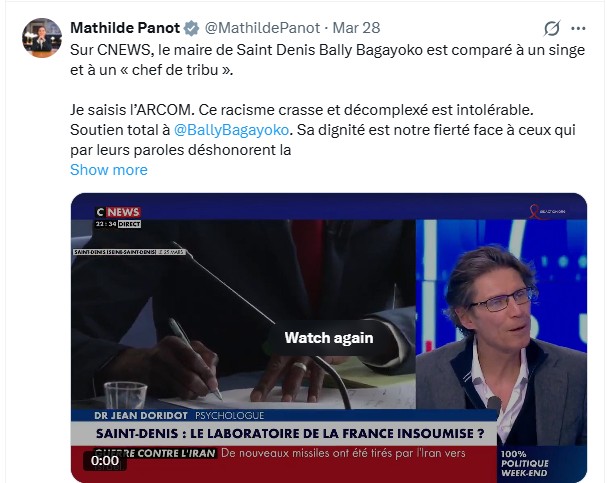 Tweet de Mathilde Panot dénonçant un racisme « crasse et décomplexé » visant Bally Bagayoko.