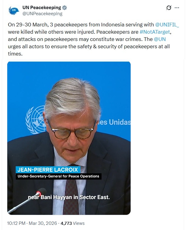 Casques bleus tués au Liban - Réaction de la FINUL sur X
