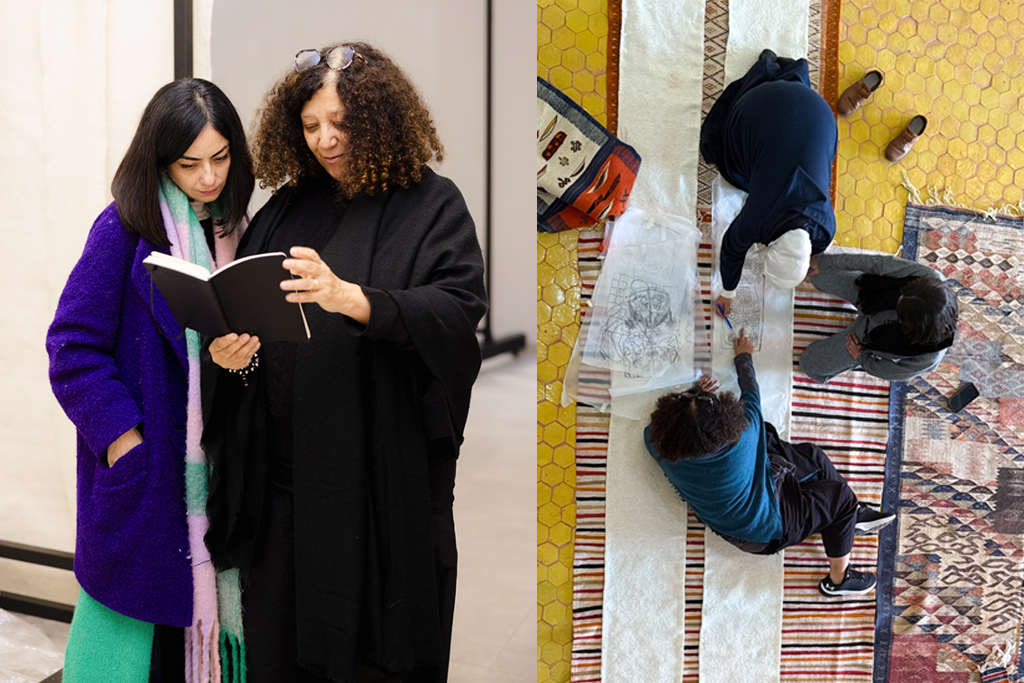 À gauche, Meriem Berrada et Amina Agueznay discutent ensemble. À droite, elles travaillent avec une artisane dans le cadre du projet du pavillon du Maroc à la Biennale de Venise 2026.