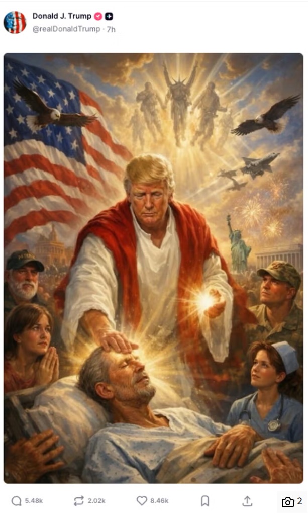 Image générée par intelligence artificielle montrant Donald Trump représenté en Jésus-Christ, publiée sur son compte Truth Social après ses critiques contre le pape Léon XIV.