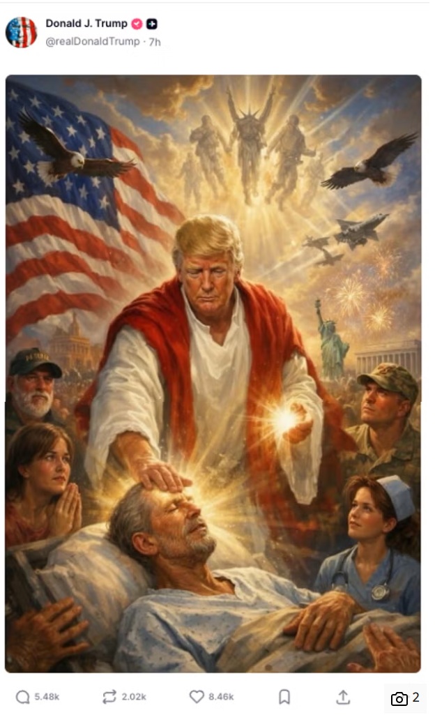 Image générée par l'IA montrant Donald Trump représenté en Jésus-Christ, publiée sur son compte Truth Social après ses critiques contre le pape Léon XIV