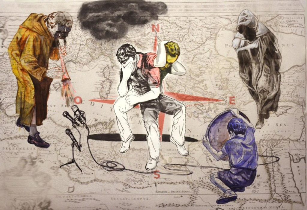 Œuvre de Mohamed Lekleti, Poussière d’exil (2022), techniques mixtes sur papier, scène symbolique sur carte méditerranéenne évoquant l’exil et la tension.