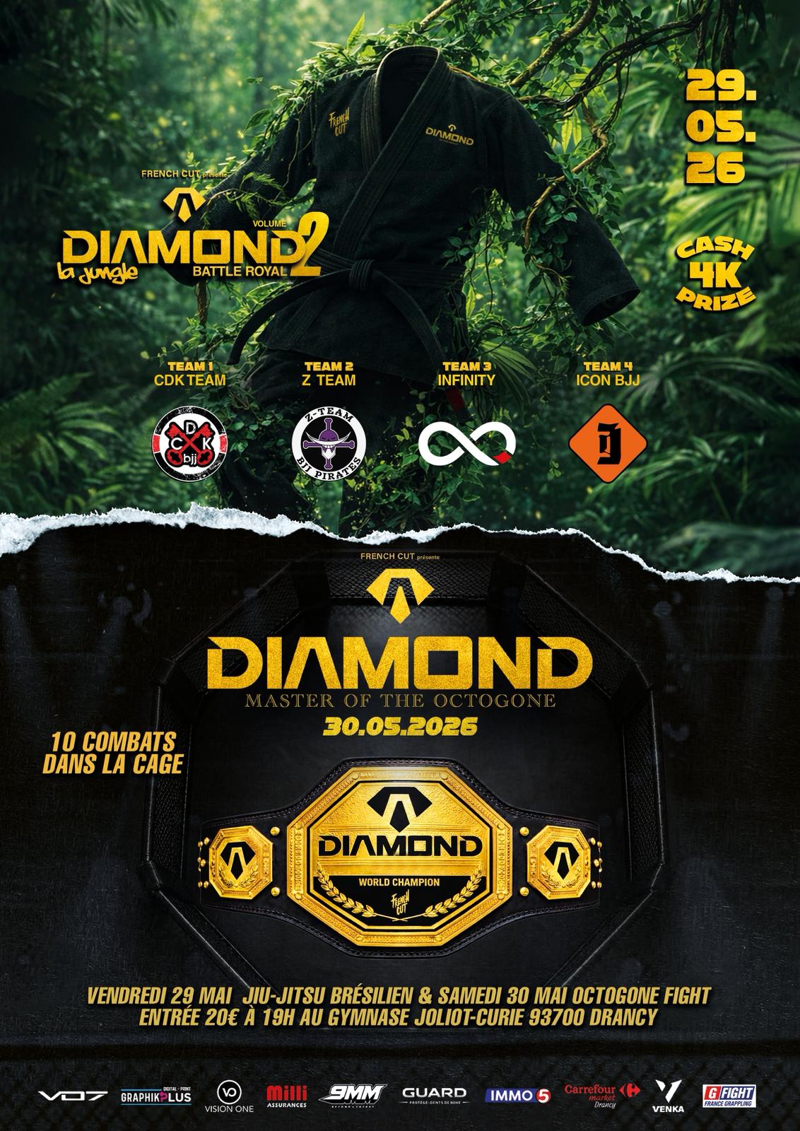 Diamond Battle Royal 2 de jiu-jitsu brésilien organisé à Drancy avec quatre équipes et une prime de 4 000 euros