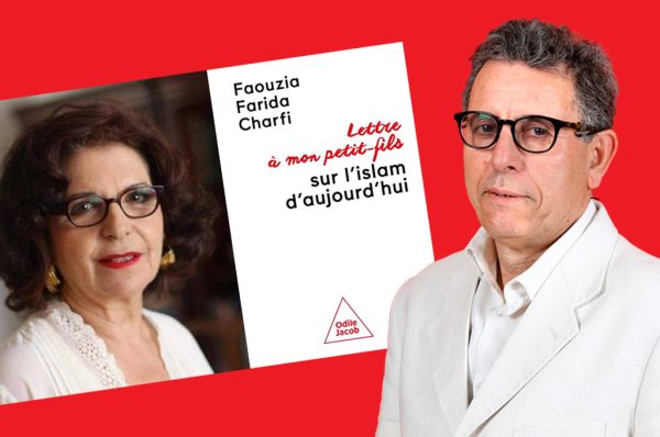 Hamadi Redissi illustré avec la couverture du livre Lettre à mon petit-fils sur l’islam d’aujourd’hui de Faouzia Charfi.