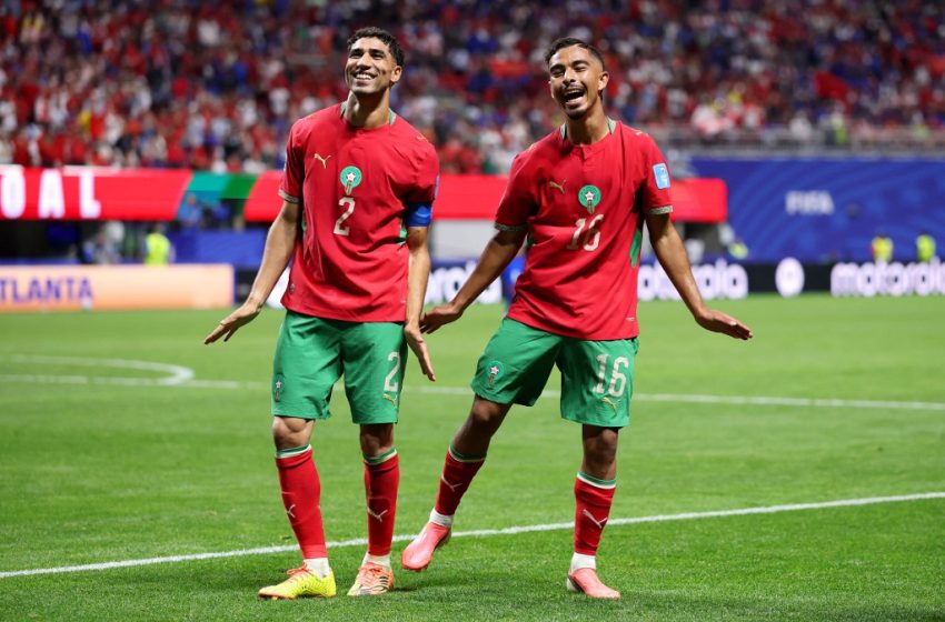 Gessime Yassine célèbre son but avec Achraf Hakimi lors de la victoire du Maroc contre Haïti à la Coupe du monde 2026