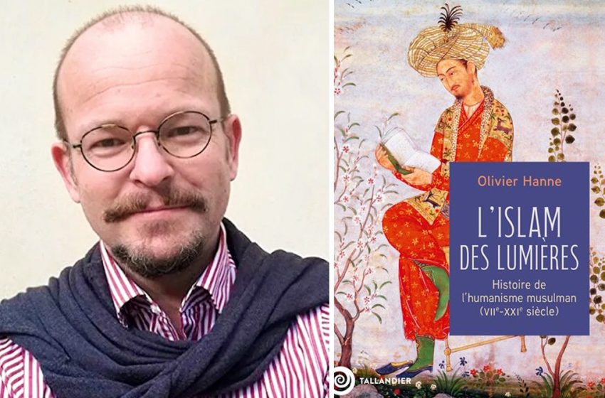 Portrait d’Olivier Hanne à côté de la couverture du livre L’Islam des Lumières.