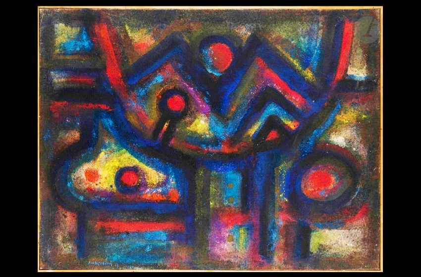 L’œuvre Signes au ciel d’Ahmed Cherkaoui [marocain] (1934-1967), 1964, huile sur toile, 89 × 116 cm