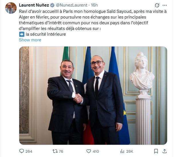 Capture d’un tweet de Laurent Nuñez sur la visite de Saïd Sayoud à Paris (1-2 juin 2026)