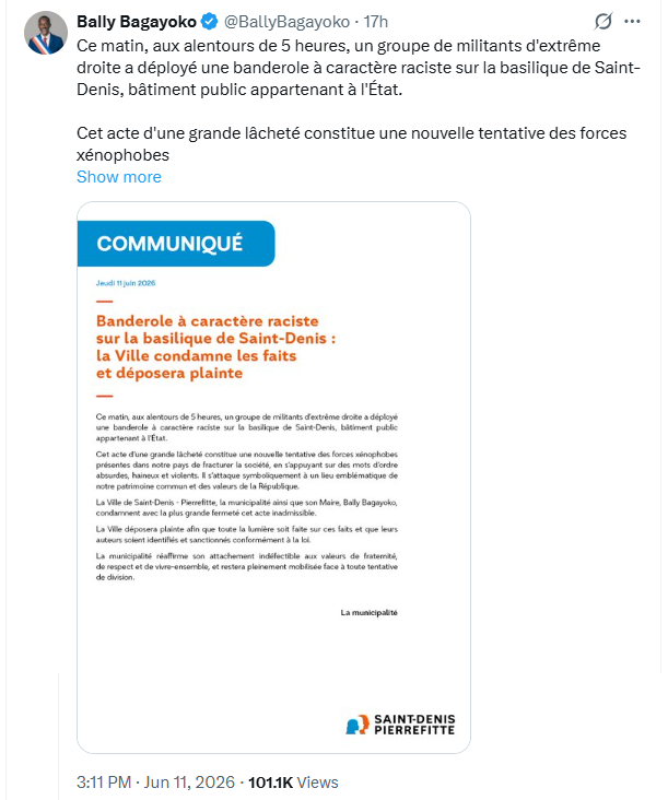 banderole portant l’inscription « remigration » déployée sur la basilique de Saint-Denis, jeudi 11 juin 2026