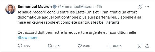 Statut sur X d'Emmanuel Macronsur l'accord entre les États-Unis et l’Iran concernant le détroit d’Ormuz, daté du 14 juin 2026.