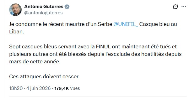 António Guterres, secrétaire général des Nations unies, lors d’une intervention officielle, exprimant sa condamnation des attaques visant les Casques bleus de la FINUL au Liban.