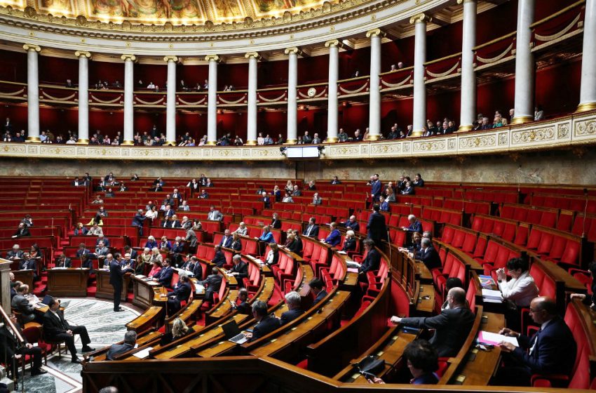 Vue de l'hémicycle de l'Assemblée nationale à Paris lors d'une séance parlementaire.
