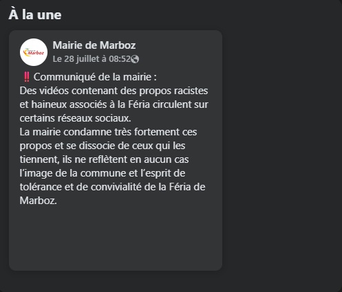 Capture d'écran du communiqué Facebook de la mairie de Marboz condamnant des propos racistes tenus lors de la Féria.