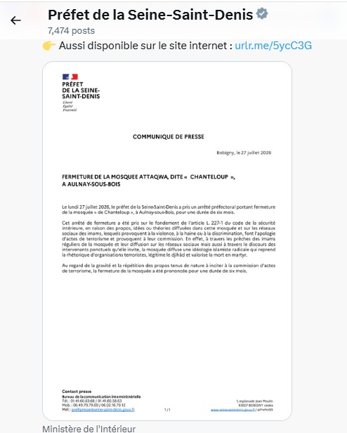 Capture d’écran du message publié sur X par la préfecture de Seine-Saint-Denis annonçant la fermeture de la mosquée de Chanteloup à Aulnay-sous-Bois.