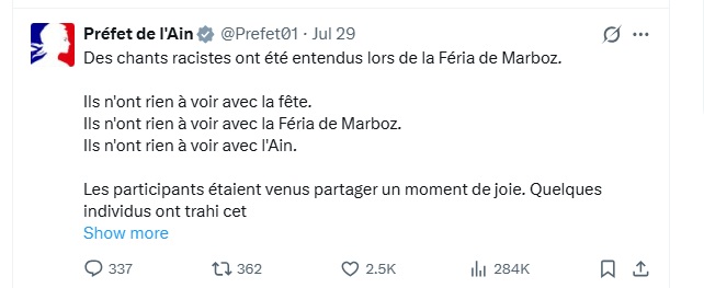 Capture d'écran d'un message du préfet de l'Ain sur X dénonçant les chants racistes entendus lors de la Féria de Marboz.