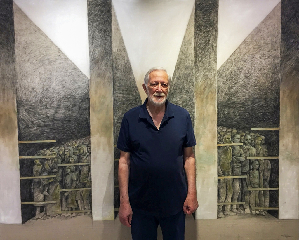 Sliman Mansour devant son œuvre Homeland réalisée en 2010