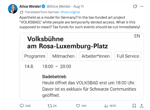 Tweet d’Alice Weidel (AfD) sur X comparant l’événement pour enfants noirs de la Volksbühne à « l’apartheid ».