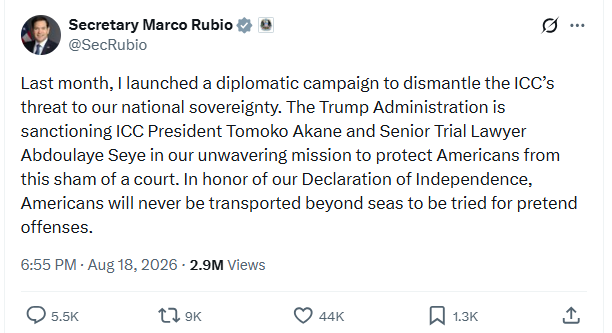 Tweet de Marco Rubio annonçant des sanctions contre la Cour pénale internationale