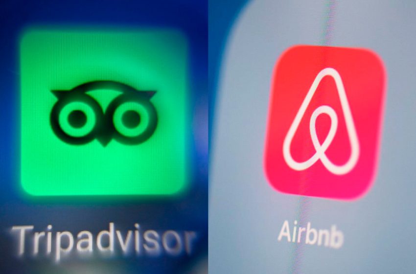 Logos d’Airbnb et de TripAdvisor, cités dans la liste de l’ONU sur les activités liées aux colonies israéliennes.
