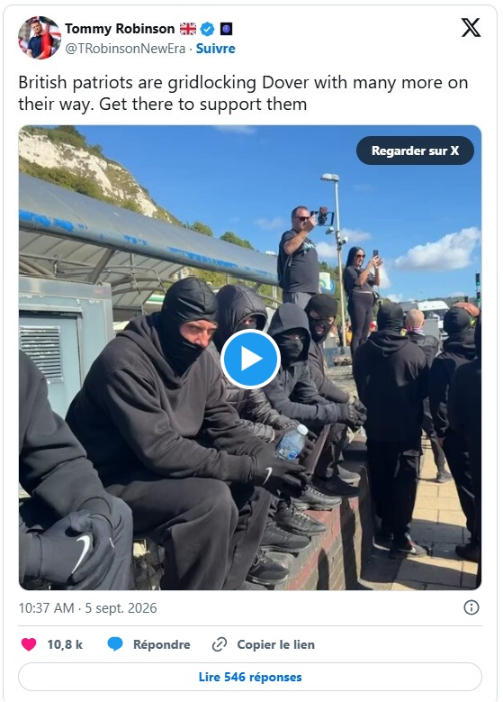 Publication de Tommy Robinson sur la manifestation anti-immigration à Douvres le 5 septembre 2026