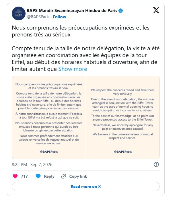 Publication de BAPS sur X présentant ses excuses après la polémique à la tour Eiffel.