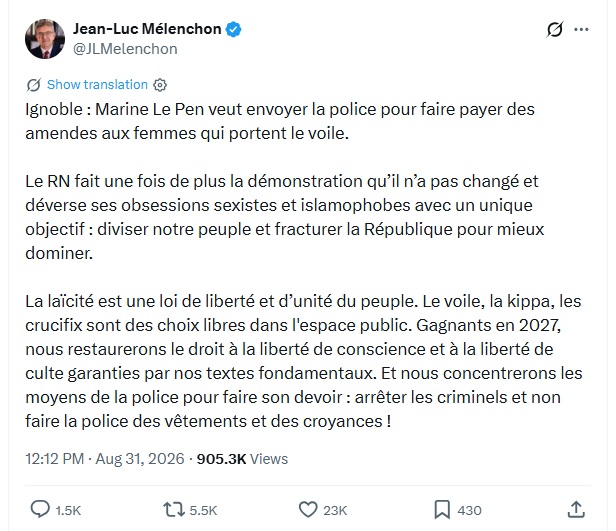 Capture d'écran d'un post de Jean-Luc Mélenchon sur X dénonçant la proposition du RN sur le port du voile.