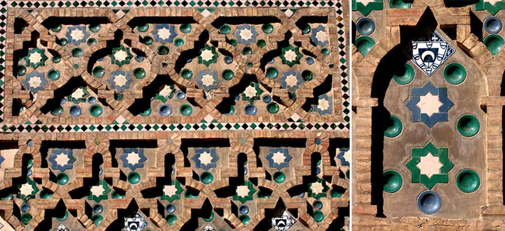 Détails des décors de briques et de céramiques émaillées sur la cathédrale La Seo à Saragosse.