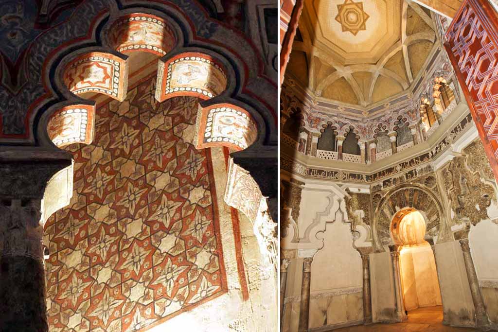 Détail des arcs polylobés et des peintures murales de l’Aljafería à gauche, mihrab et coupole reconstituée de la mosquée à droite, à Saragosse.
